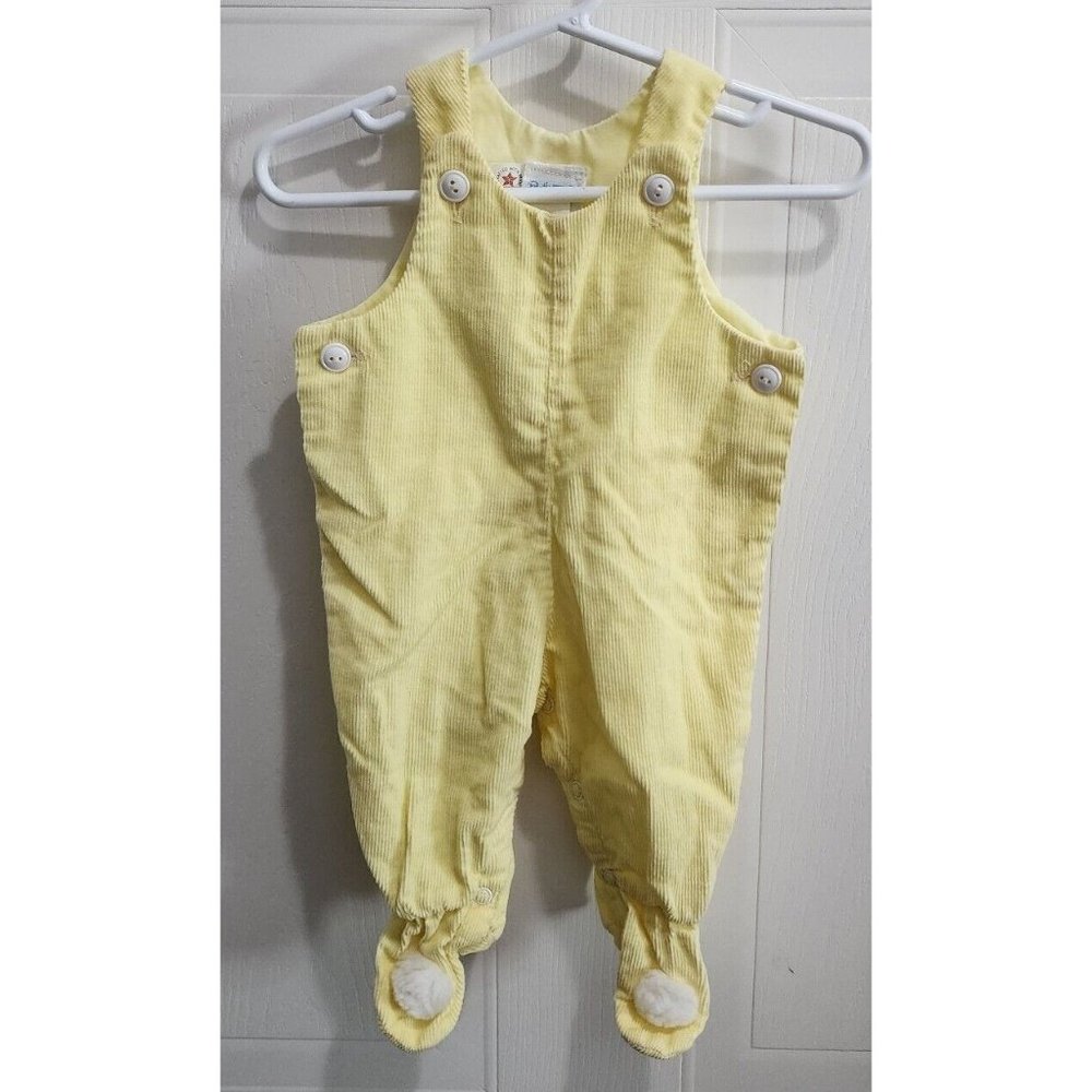 Vintage Betti Tirell Sleeveless Overalls Footie Pom Poms Yellow Corduroy Size 3M